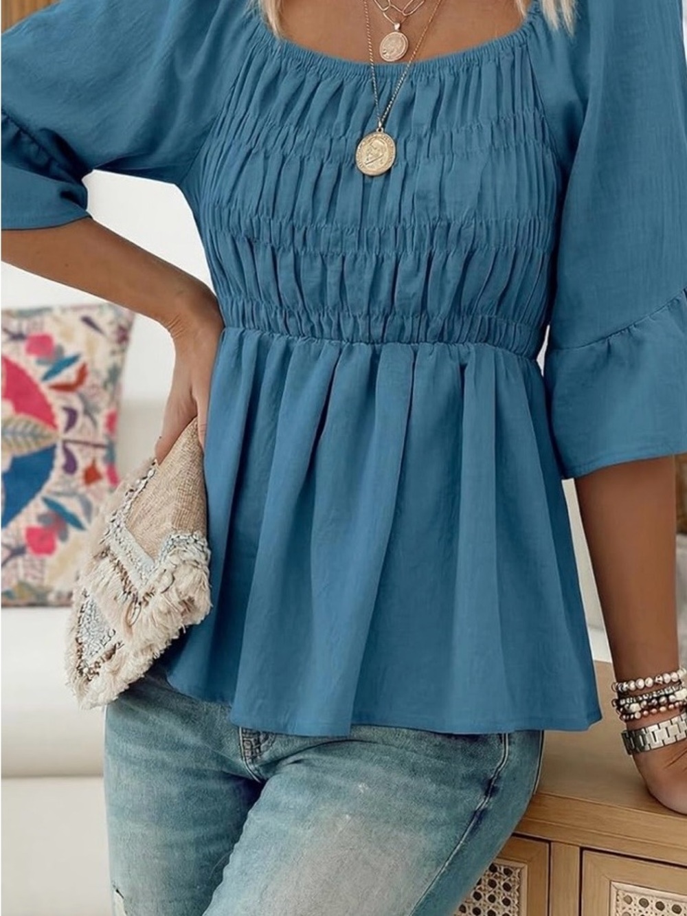 Alala Teal Blue Smocked Square-Neck Peplum Blouse